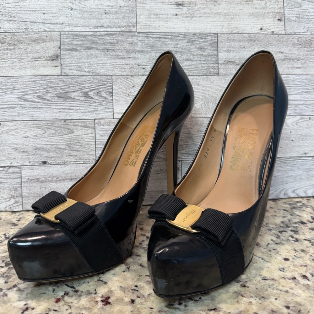 Salvatore Ferragamo Trilly Ferro Black Patent Heels